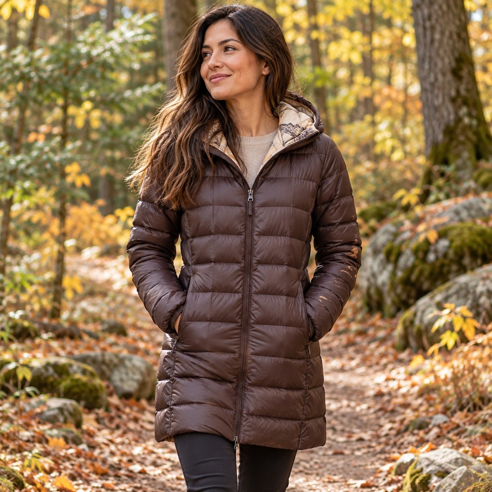 REI Co-op 650 Down Parka 2.0 Womens XS Brown Hooded Puffer Coat Mountain Print